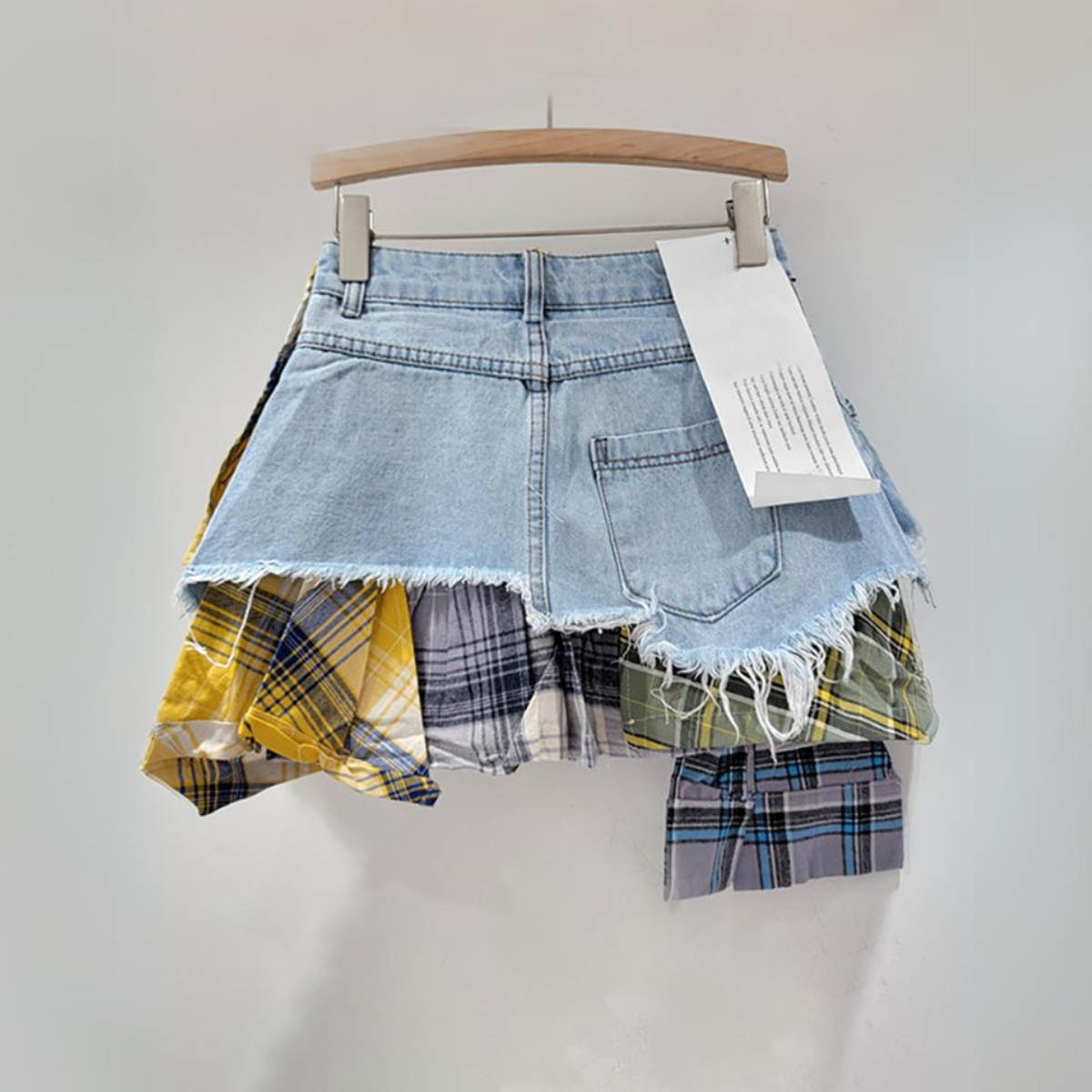 Frayed Hem Patchwork Denim Skirt