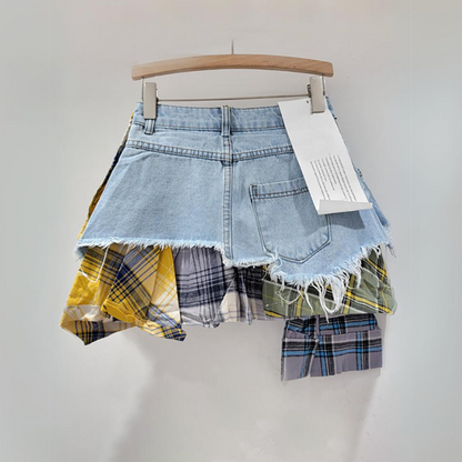 Frayed Hem Patchwork Denim Skirt