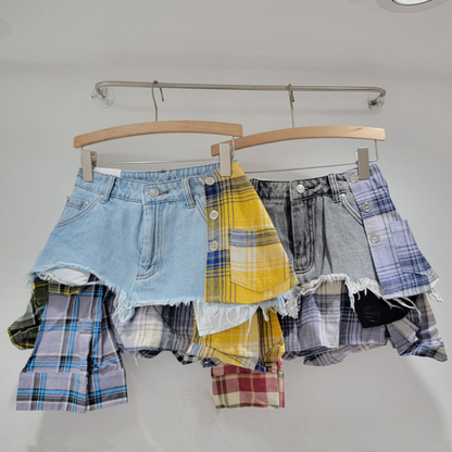 Frayed Hem Patchwork Denim Skirt