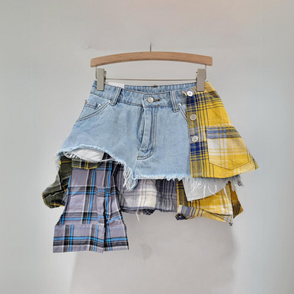 Frayed Hem Patchwork Denim Skirt