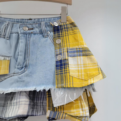 Frayed Hem Patchwork Denim Skirt