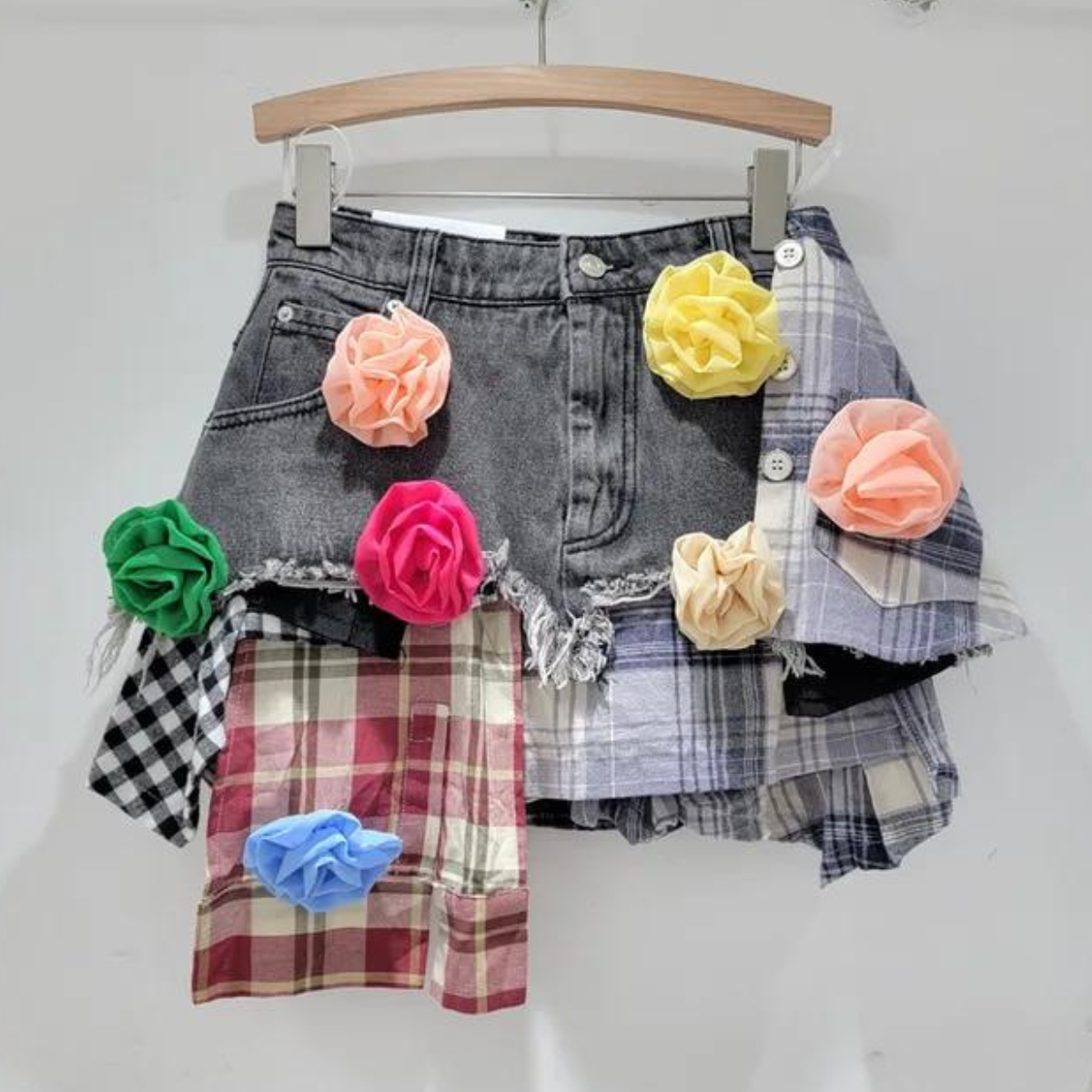 Frayed Hem Patchwork Denim Skirt