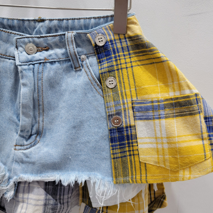Frayed Hem Patchwork Denim Skirt
