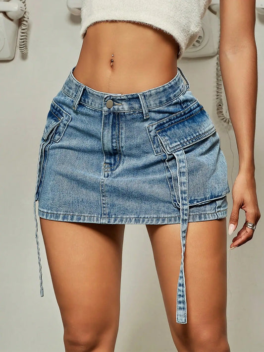 Denim Mini Flap Pocket Skirt