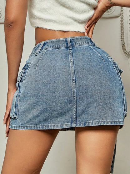 Denim Mini Flap Pocket Skirt